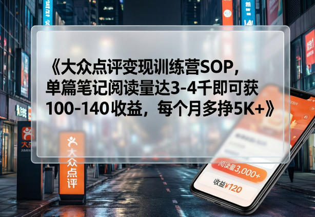 大众点评变现训练营SOP，单篇笔记阅读量达3-4千即可获100-140收益，每个月多挣5K+汇通分享-分享轻创项目-网络创业-项目实操-兼职-网赚-副业-抖音-快手-小红书-闲鱼-视频号-直播-短视频-中视频-带货-短剧-游戏搬砖-引流等教程课程分享汇通分享