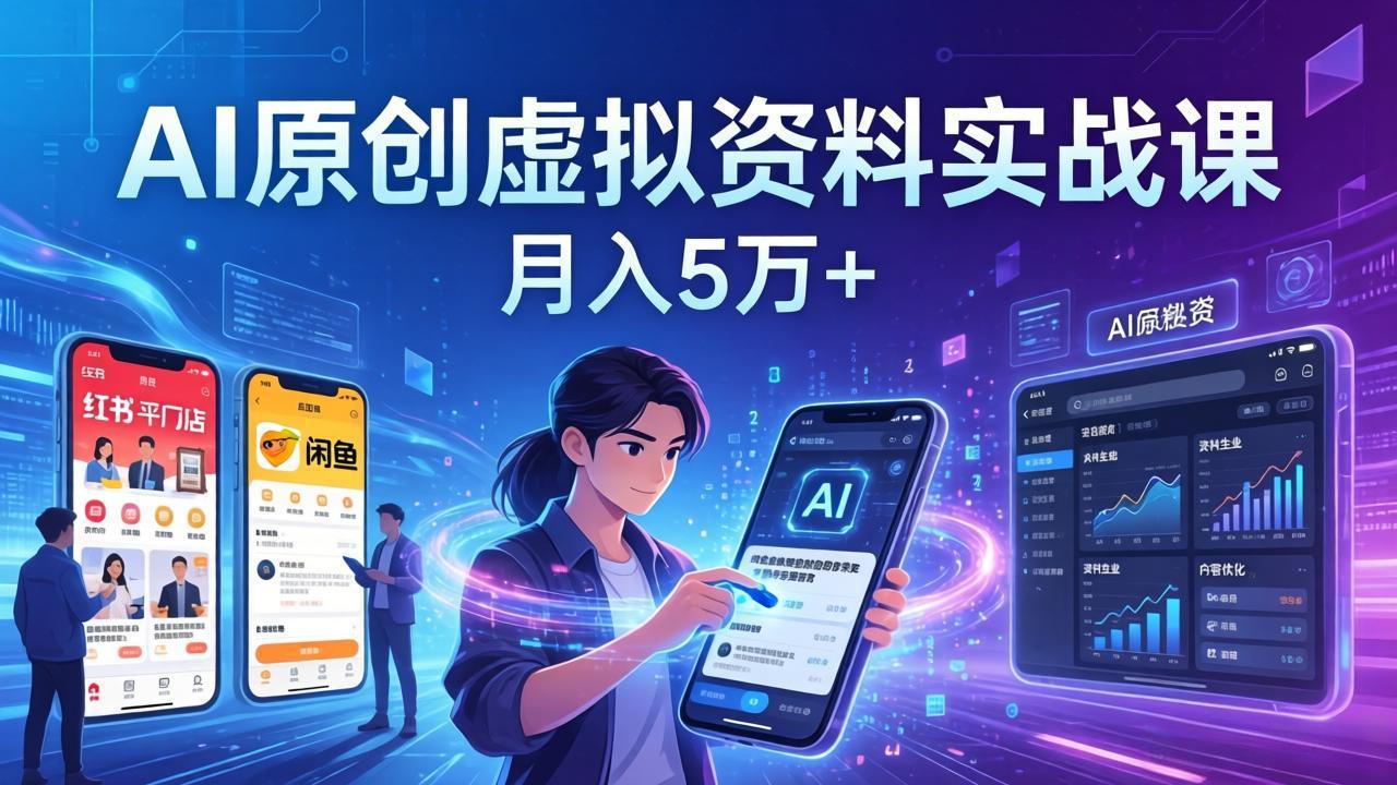 AI原创虚拟资料实战课：2026新机会，小红书闲鱼开店，普通人用AI轻松变现，月入5万+汇通分享-分享轻创项目-网络创业-项目实操-兼职-网赚-副业-抖音-快手-小红书-闲鱼-视频号-直播-短视频-中视频-带货-短剧-游戏搬砖-引流等教程课程分享汇通分享
