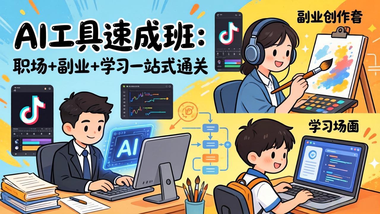 AI工具速成班：职场+副业+学习一站式通关，20+爆款类型+剪映技巧+抖音算法，0基础快速上手-吾爱自习网