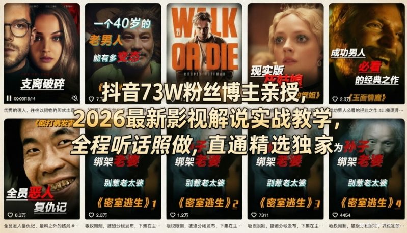 抖音73W粉丝博主亲授，2026最新影视解说实战教学，全程听话照做，直通精选独家-吾爱自习网