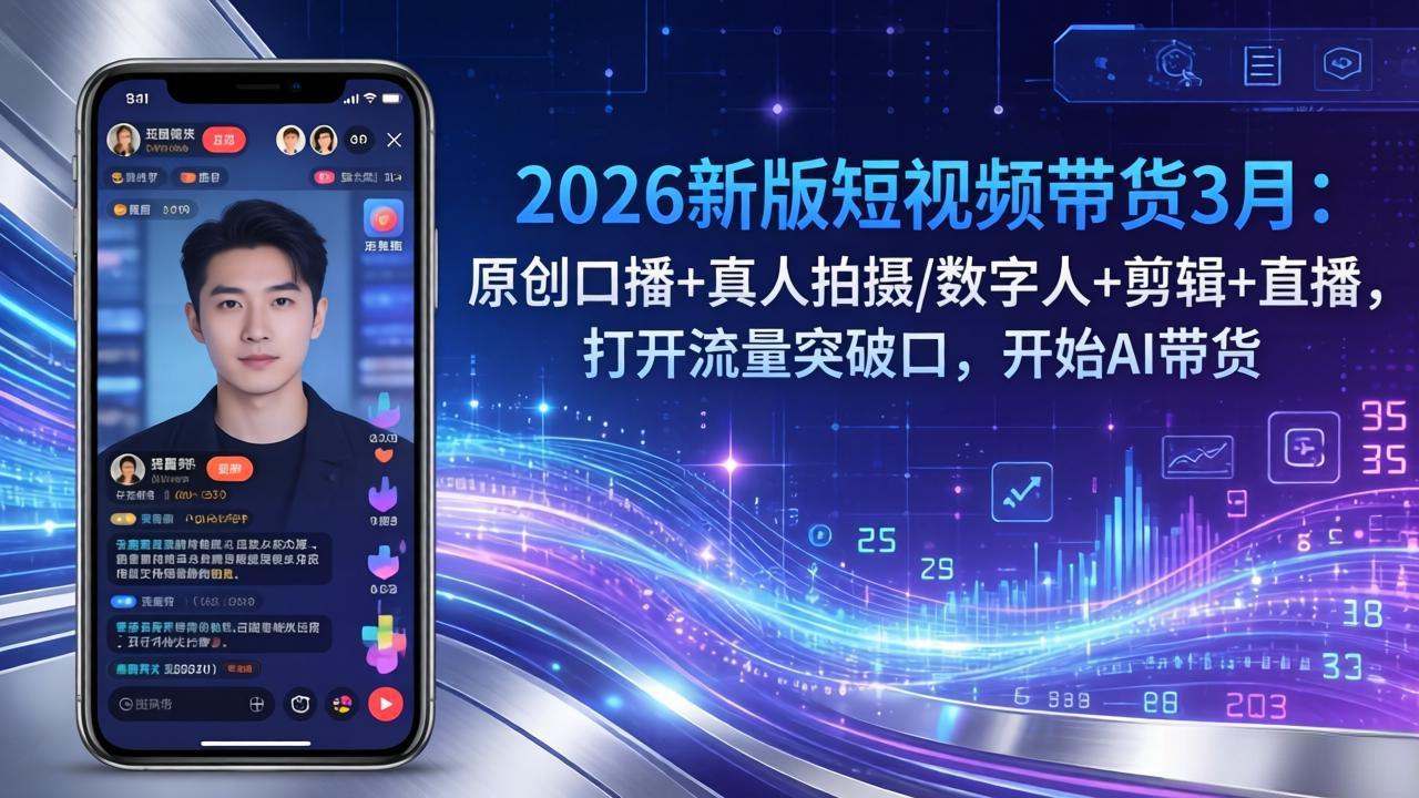 2026新版短视频带货3月：原创口播+真人拍摄/数字人+剪辑+直播，打开流量突破口，开始AI带货汇通分享-分享轻创项目-网络创业-项目实操-兼职-网赚-副业-抖音-快手-小红书-闲鱼-视频号-直播-短视频-中视频-带货-短剧-游戏搬砖-引流等教程课程分享汇通分享