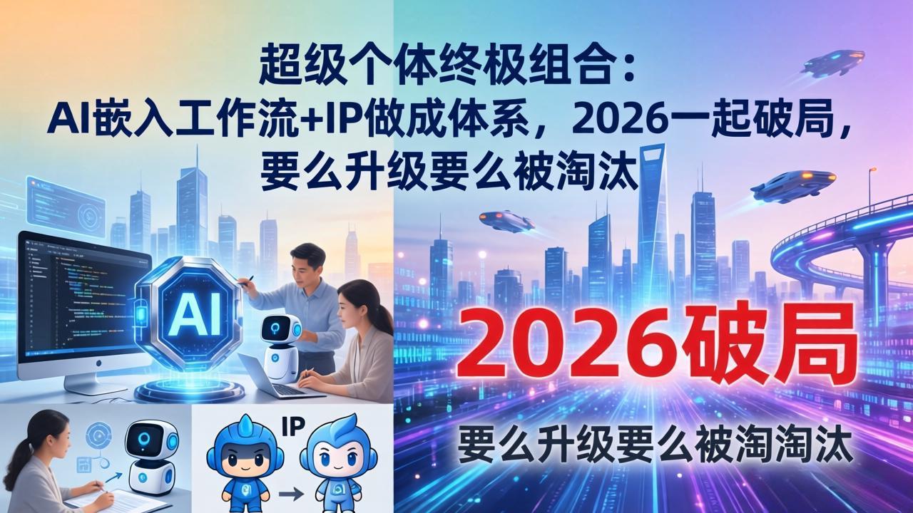 超级个体终极组合:AI嵌入工作流+IP做成体系,2026一起破局,要么升级要么被淘汰汇通分享-分享轻创项目-网络创业-项目实操-兼职-网赚-副业-抖音-快手-小红书-闲鱼-视频号-直播-短视频-中视频-带货-短剧-游戏搬砖-引流等教程课程分享汇通分享