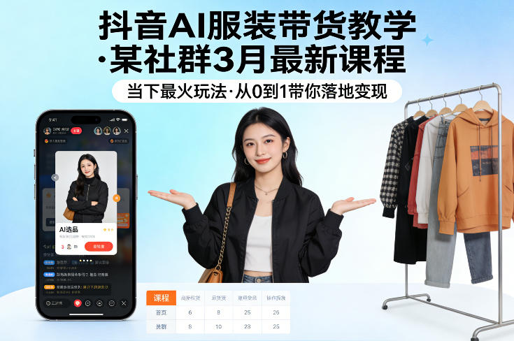 抖音AI服装带货教学,某社群3月最新课程,当下最火玩法,从0到1带你落地变现-吾爱自习网