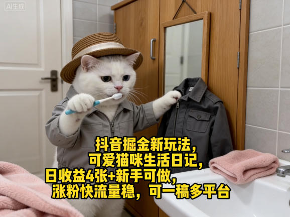 抖音掘金新玩法，可爱猫咪生活日记，日收益4张+新手可做，涨粉快流量稳，可一稿多平台-新时光资源网