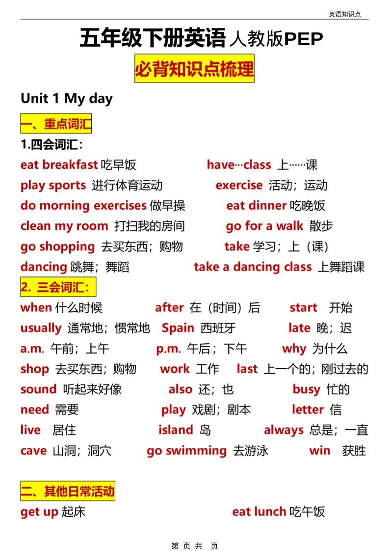 五年级(下）英语全册知识点汇总《人教版PEP》-吾爱自习网