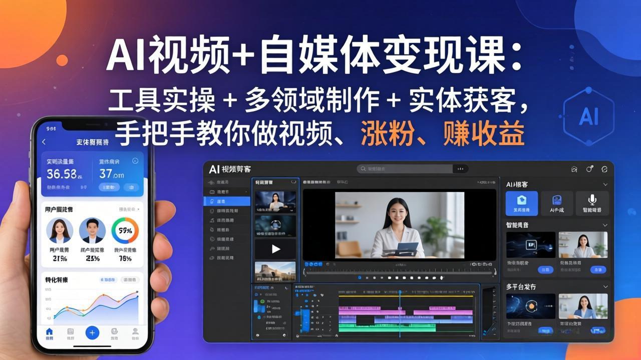 AI视频+自媒体变现课：工具实操 + 多领域制作 + 实体获客，手把手教你做视频、涨粉、赚收益福星网赚创业资源-网赚项目-副业赚钱-互联网创业-资源整合福星网赚资源