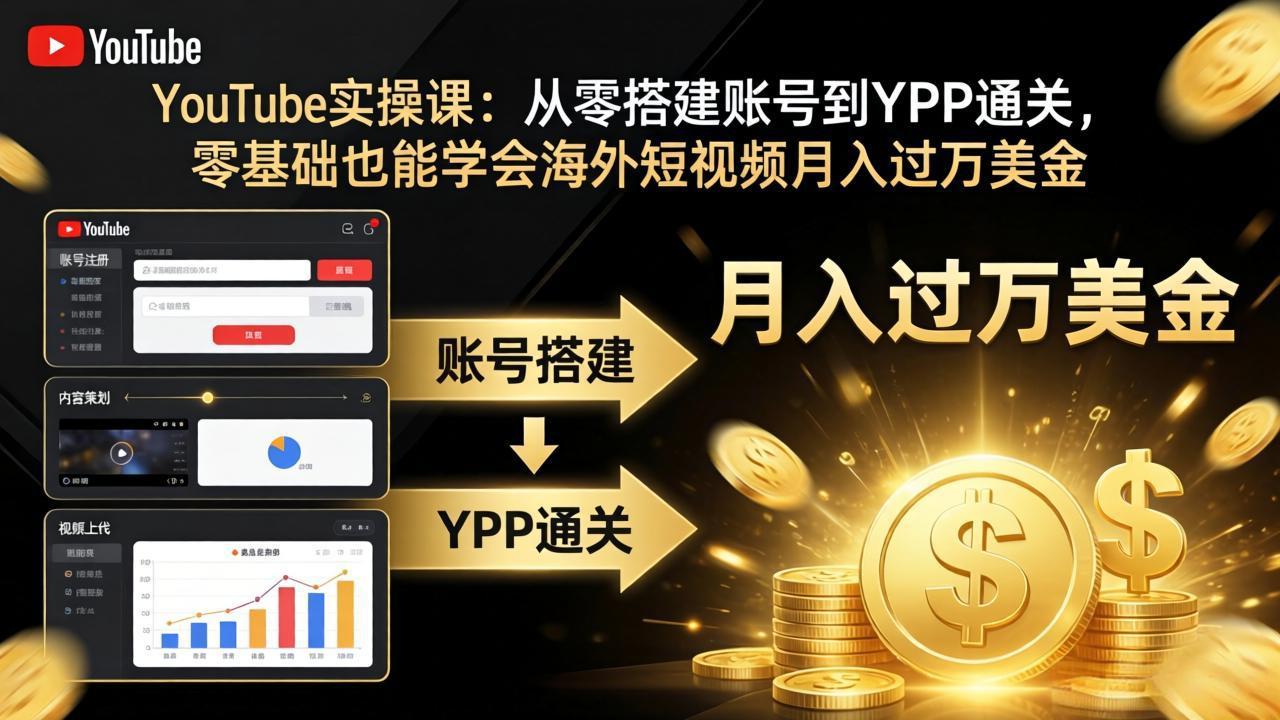 YouTube实操课：从零搭建账号到YPP通关，零基础也能学会海外短视频月入过万美金福星网赚创业资源-网赚项目-副业赚钱-互联网创业-资源整合福星网赚资源