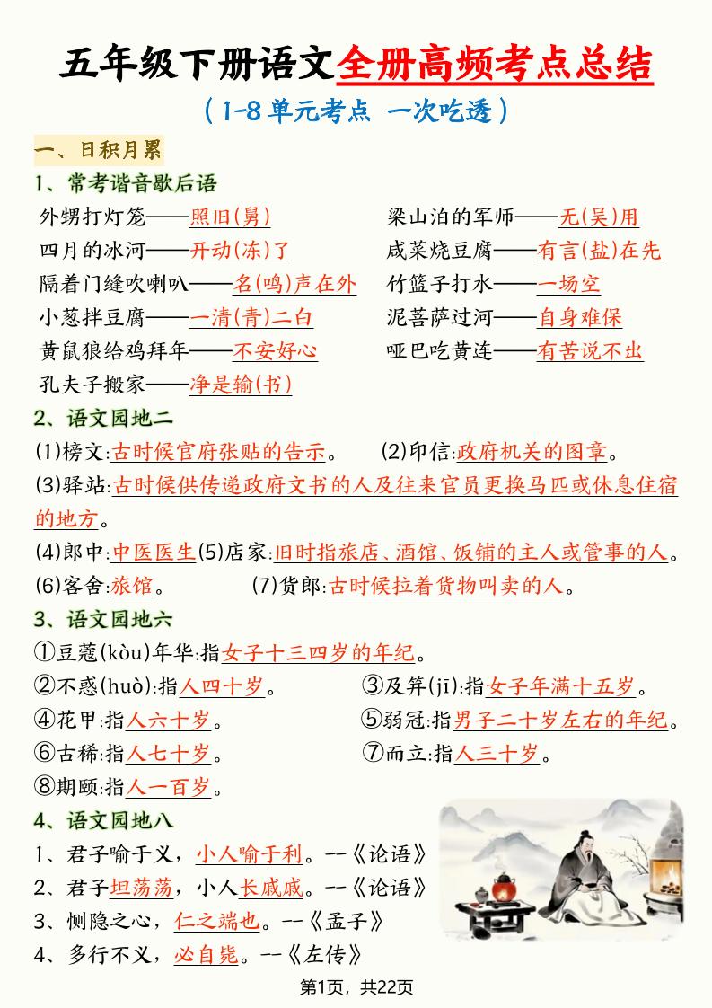 五年级下语文全册高频考点总结福星网赚创业资源-网赚项目-副业赚钱-互联网创业-资源整合福星网赚资源