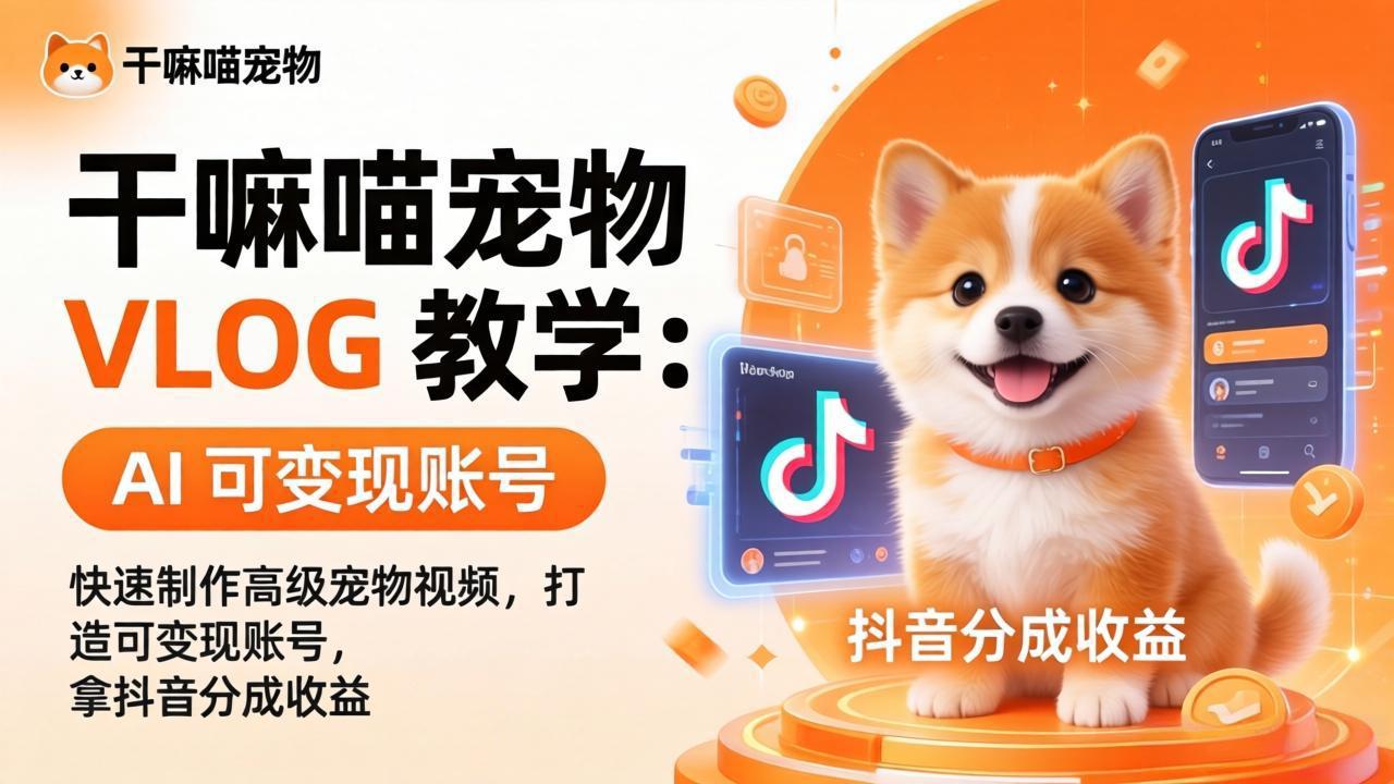 干嘛喵宠物 VLOG 教学:AI 快速制作高级宠物视频,打造可变现账号,拿抖音分成收益福星网赚创业资源-网赚项目-副业赚钱-互联网创业-资源整合福星网赚资源