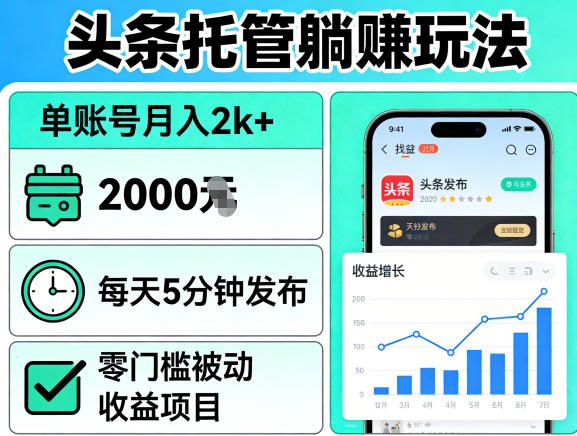 头条托管躺賺玩法，单账号月入2k+，每天5分钟发布即可，零门槛被动收益项目【揭秘】-吾爱自习网