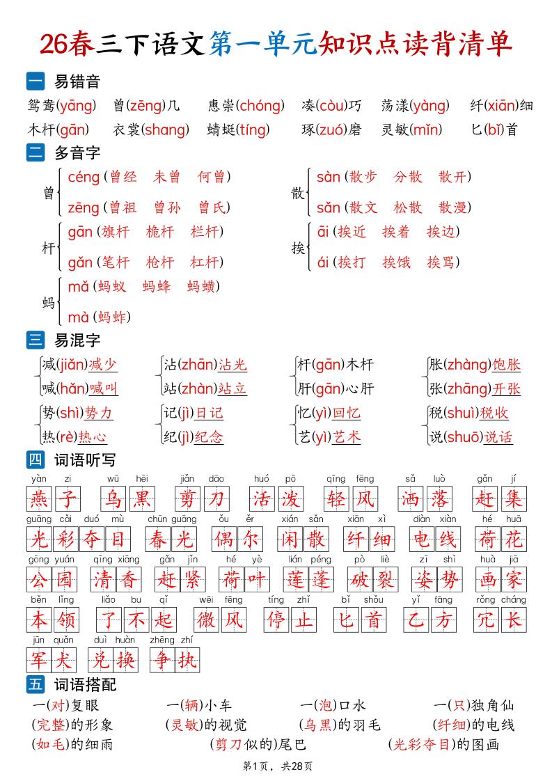 26新三年级下语文1-8单元知识点读背清单（28页）福星网赚创业资源-网赚项目-副业赚钱-互联网创业-资源整合福星网赚资源