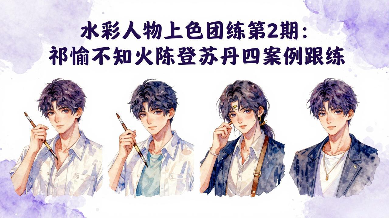 水彩人物上色团练第2期:祁煜不知火陈登苏丹四案例跟练,手把手提升绘画能力-吾爱自习网