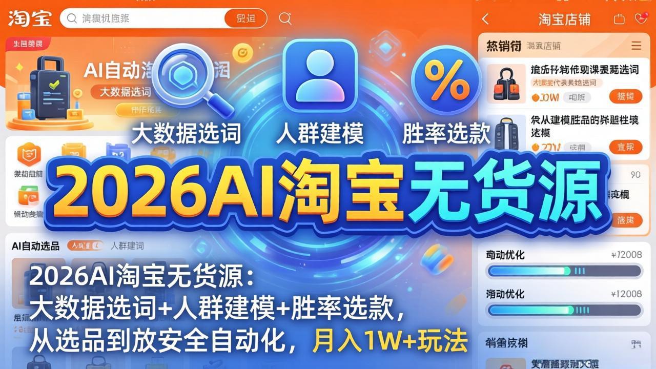 2026AI淘宝无货源-4月更新:大数据选词+人群建模+胜率选款,从选品到放大全自动化,月入1W+玩法-吾爱自习网