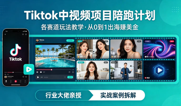 某大佬的Tiktok中视频项目陪跑，涵盖TK各个赛道玩法教学，从0到1出海賺美金-青禾学社