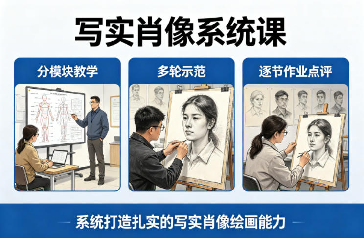写实肖像系统课，全程分模块教学+多轮示范+逐节作业点评，系统打造扎实的写实肖像绘画能力福星网赚创业资源-网赚项目-副业赚钱-互联网创业-资源整合福星网赚资源