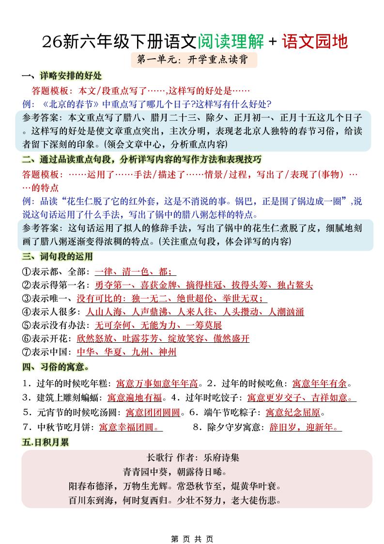 六年级下语文阅读理解＋语文园地福星网赚创业资源-网赚项目-副业赚钱-互联网创业-资源整合福星网赚资源