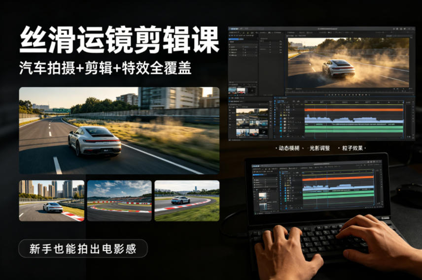 大叔丝滑运镜剪辑课，汽车拍摄+剪辑+特效全覆盖，新手也能拍出电影感-吾爱自习网