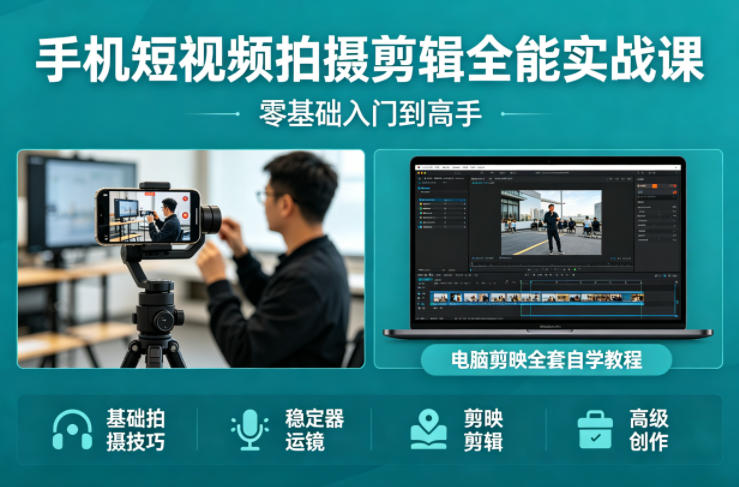 手机短视频拍摄剪辑全能实战课：零基础入门到高手，稳定器运镜+电脑剪映全套自学教程-吾爱自习网