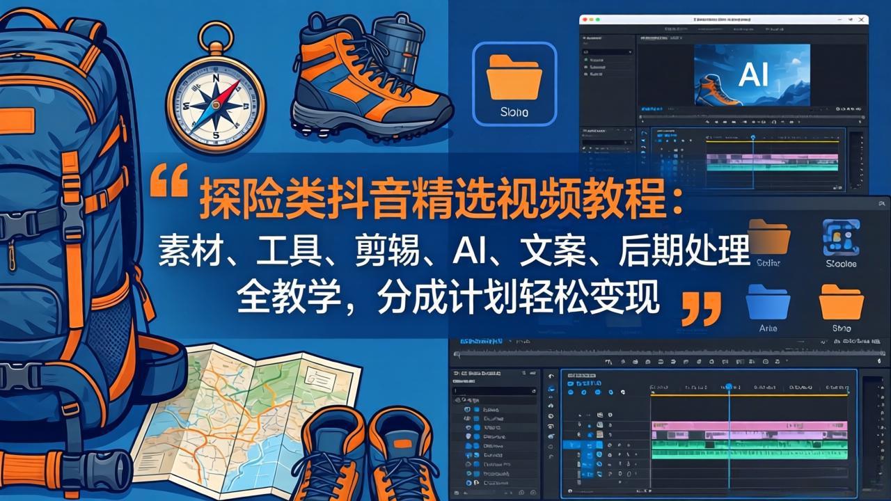 探险类抖音精选视频教程：素材、工具、剪辑、AI、文案、后期处理全教学，分成计划轻松变现-吾爱自习网