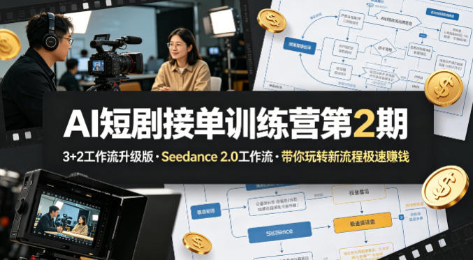 AI短剧接单训练营第2期,3+2工作流升级版,Seedance 2.0工作流,带你玩转新流程极速賺钱-吾爱自习网