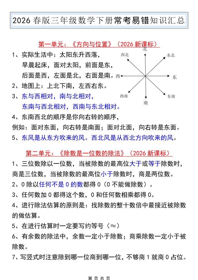 三年级下数学常考易错知识汇总《人教版》福星网赚创业资源-网赚项目-副业赚钱-互联网创业-资源整合福星网赚资源