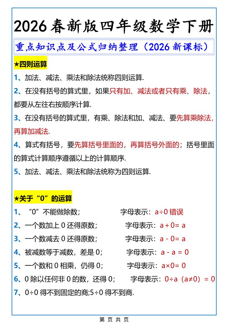 2026春新版四年级下数学重点知识点及公式《人教版》福星网赚创业资源-网赚项目-副业赚钱-互联网创业-资源整合福星网赚资源