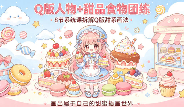 Q版人物+甜品食物团练，8节系统课拆解Q版甜系画法，画出属于自己的甜蜜插画世界-我爱发帖
