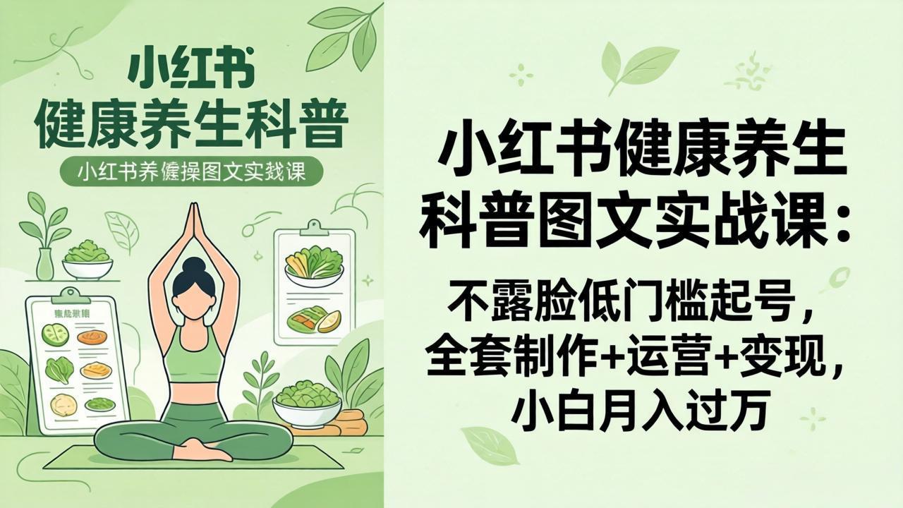 2026小红书健康养生科普图文实战课：不露脸低门槛起号，全套制作+运营+变现，小白月入过万-我爱发帖