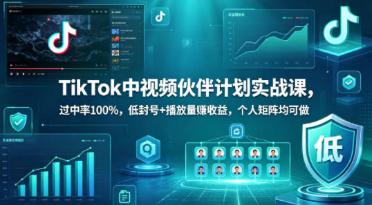 TikTok中视频伙伴计划实战课,过中率100%,低封号+播放量賺收益,个人矩阵均可做-小艾项目网