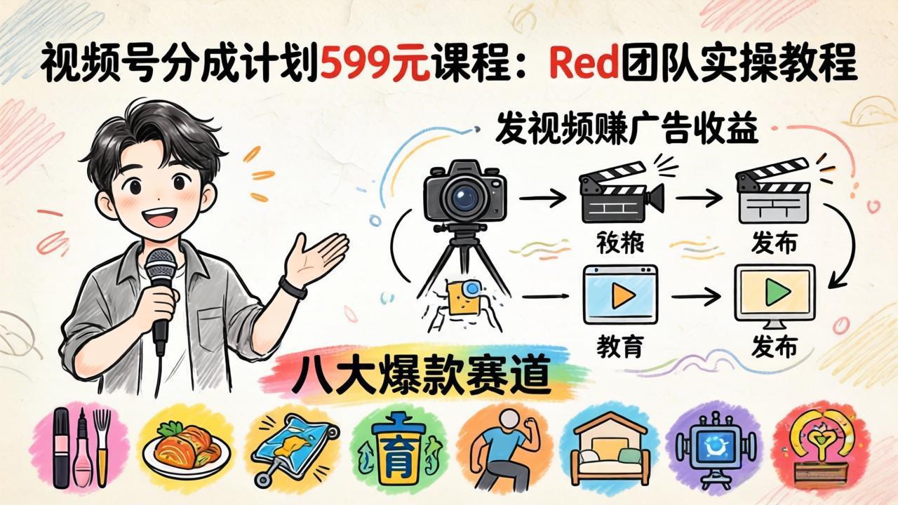 视频号分成计划599元课程：Red团队实操教程，发视频赚广告收益，八大爆款赛道全掌握-小艾项目网
