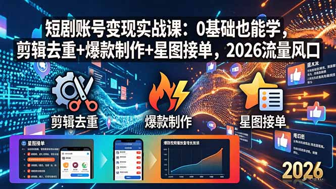 短剧账号变现实战课：0基础也能学，剪辑去重+爆款制作+星图接单，2026流量风口-我爱发帖