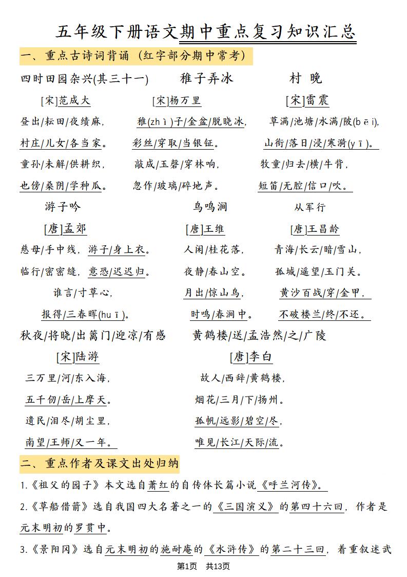 五年级下语文期中重点复习知识汇总福星网赚创业资源-网赚项目-副业赚钱-互联网创业-资源整合福星网赚资源