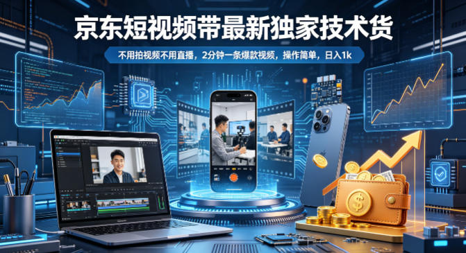 京东短视频带货最新独家技术，不用拍视频不用直播，2分钟一条爆款视频，操作简单，日入1k+【揭秘】-吾爱自习网