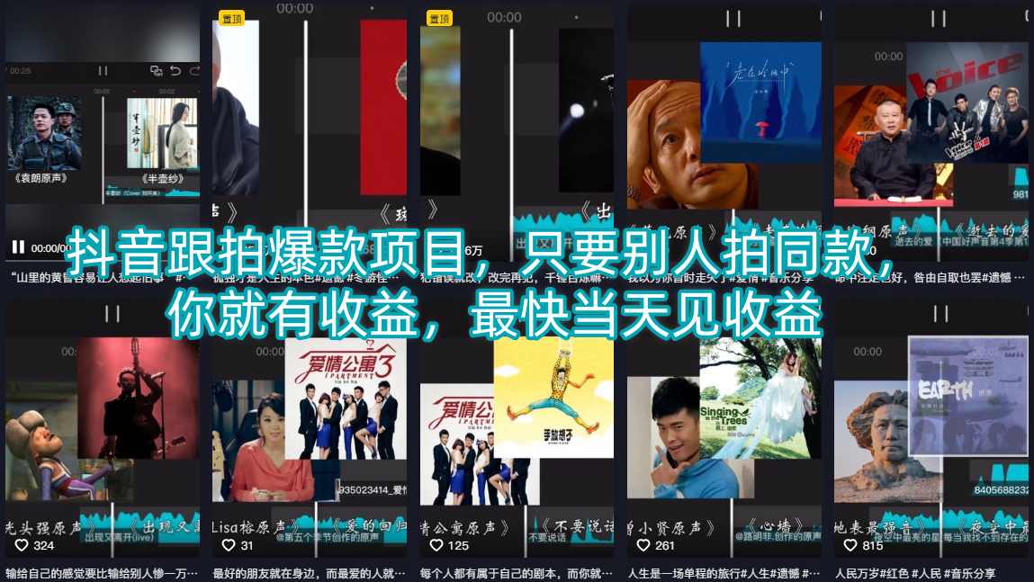 抖音跟拍爆款项目，只要别人拍同款，你就有收益，最快当天见收益-小艾项目网