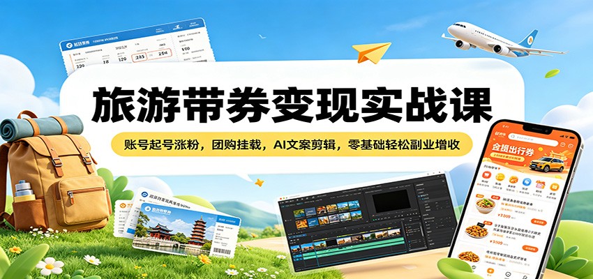 旅游带券变现实战课：账号起号涨粉，团购挂载，AI文案剪辑，零基础轻松副业增收福星网赚创业资源-网赚项目-副业赚钱-互联网创业-资源整合福星网赚资源