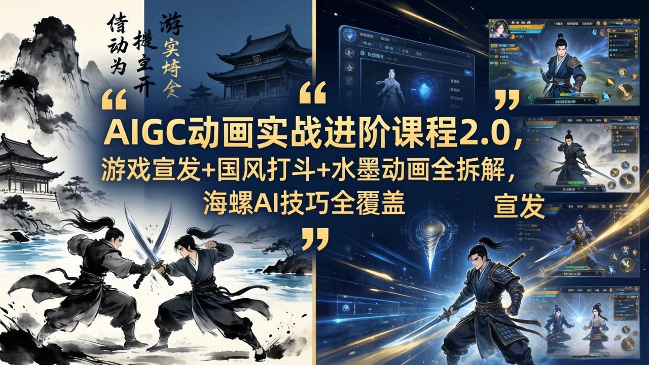 AIGC动画实战进阶课程2.0，游戏宣发+国风打斗+水墨动画全拆解，海螺AI技巧全覆盖汇通分享-分享轻创项目-网络创业-项目实操-兼职-网赚-副业-抖音-快手-小红书-闲鱼-视频号-直播-短视频-中视频-带货-短剧-游戏搬砖-引流等教程课程分享汇通分享