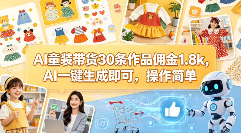AI童装带货30条作品佣金1.8k，AI一键生成即可，操作简单-吾爱自习网