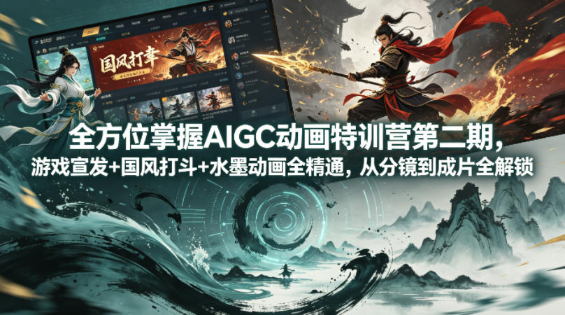 全方位掌握AIGC动画特训营第二期，游戏宣发+国风打斗+水墨动画全精通，从分镜到成片全解锁-吾爱自习网