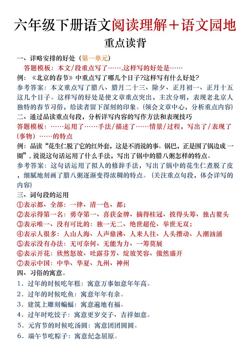 六年级下语文阅读理解＋语文园地专题