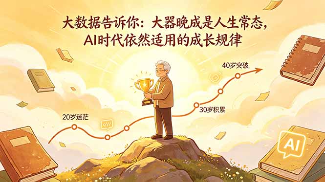 付费文章：大数据告诉你：大器晚成是人生常态，AI 时代依然适用的成长规律汇通分享-分享轻创项目-网络创业-项目实操-兼职-网赚-副业-抖音-快手-小红书-闲鱼-视频号-直播-短视频-中视频-带货-短剧-游戏搬砖-引流等教程课程分享汇通分享