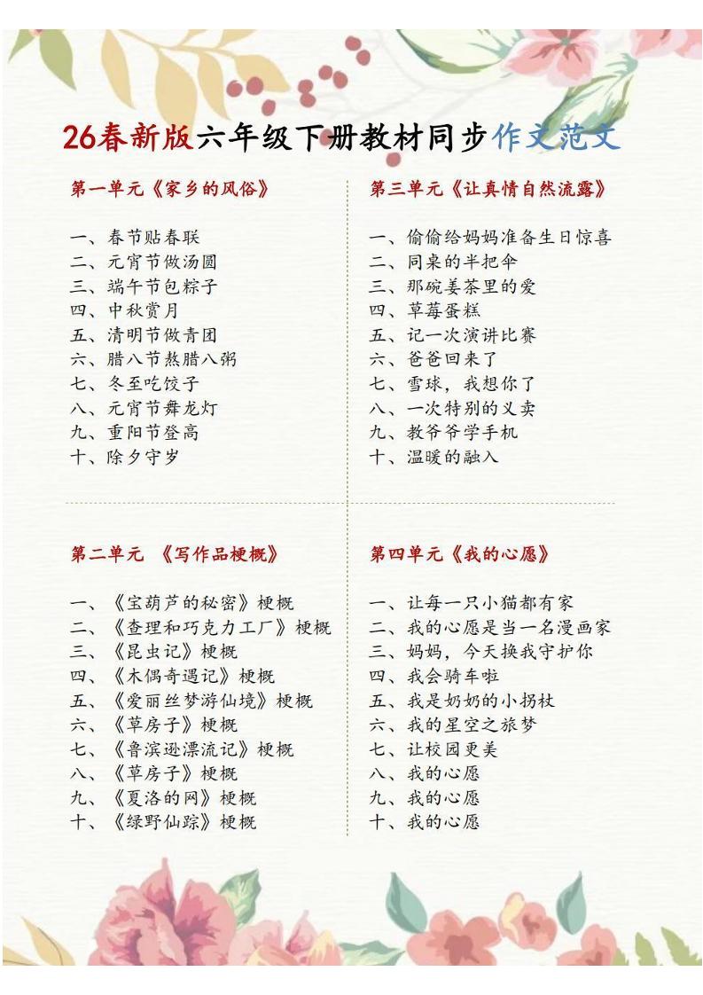 六年级下语文1-8单元同步作文范文-吾爱自习网