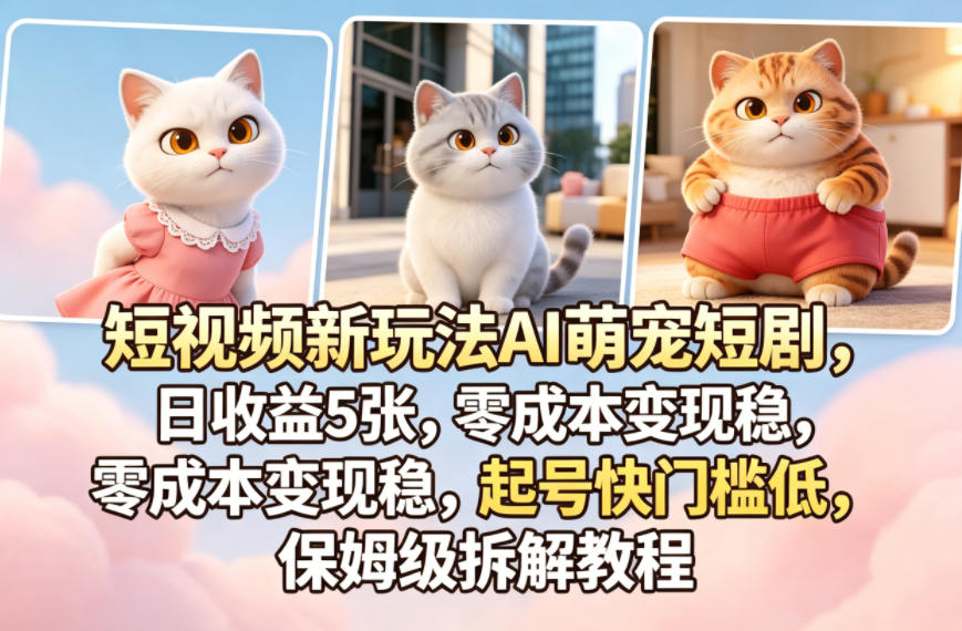 短视频新玩法AI萌宠短剧，日收益5张，零成本变现稳，起号快门槛低，保姆级拆解教程-樵渔匹
