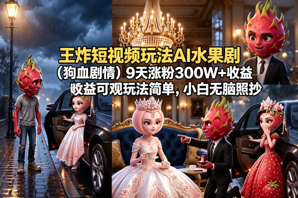 王炸短视频玩法AI水果剧(狗血剧情)9天涨粉300W+收益可观玩法简单，小白无脑照抄，详细拆解玩法-吾爱自习网