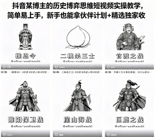 抖音某博主的历史博弈思维短视频实操教学，简单易上手，新手也能拿伙伴计划+精选独家收益-世界代码分享网
