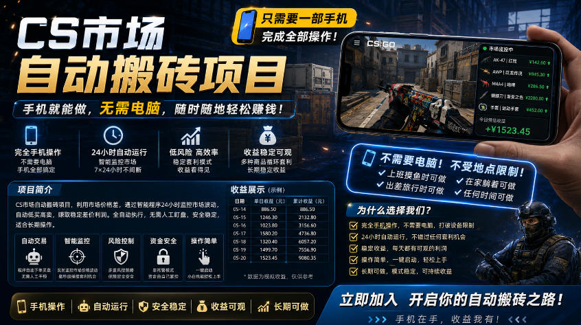 手机即可操作的CS市场自动搬砖系统｜自动监控｜自动下单|日入300+【揭秘】-樵渔匹