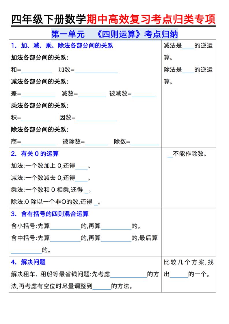 四年级下数学期中复习考点归类专练-吾爱自习网