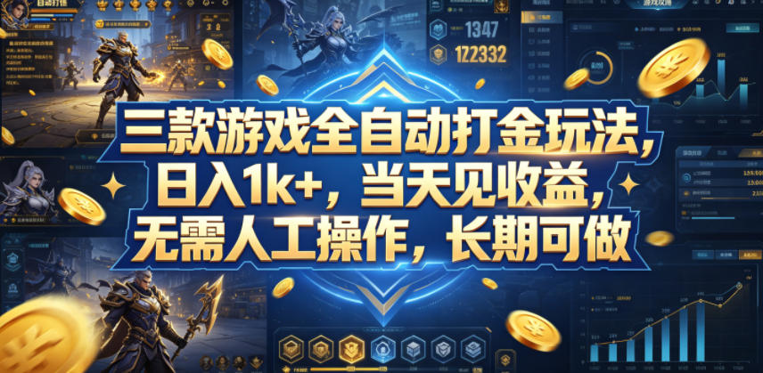 三款游戏全自动打金玩法，日入1k+，当天见收益，无需人工操作，长期可做【揭秘】-吾爱自习网