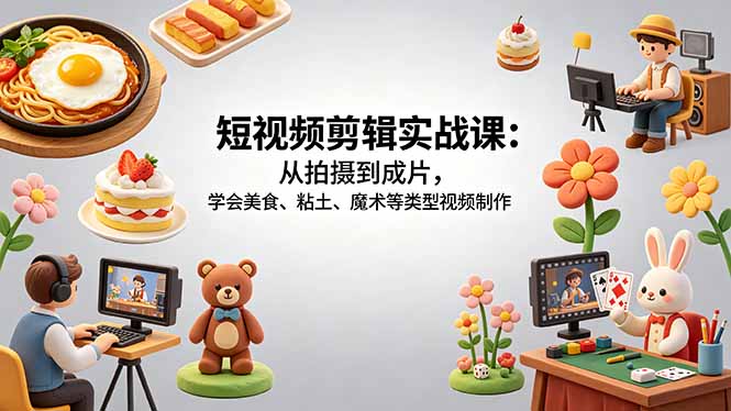 短视频剪辑实战课：从拍摄到成片，学会美食、粘土、魔术等类型视频制作-我爱发帖