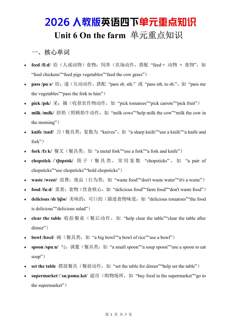 四年级下英语Unit6重点知识汇总《人教版PEP》