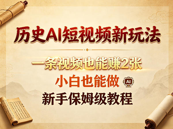 历史AI短视频新玩法，一条视频也能賺2张，小白也能做，新手保姆级教程-吾爱自习网